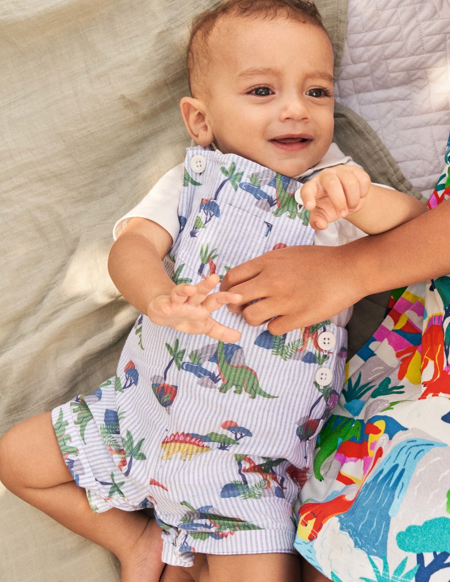 Woven Dungaree Set-Ticking Dino Scene