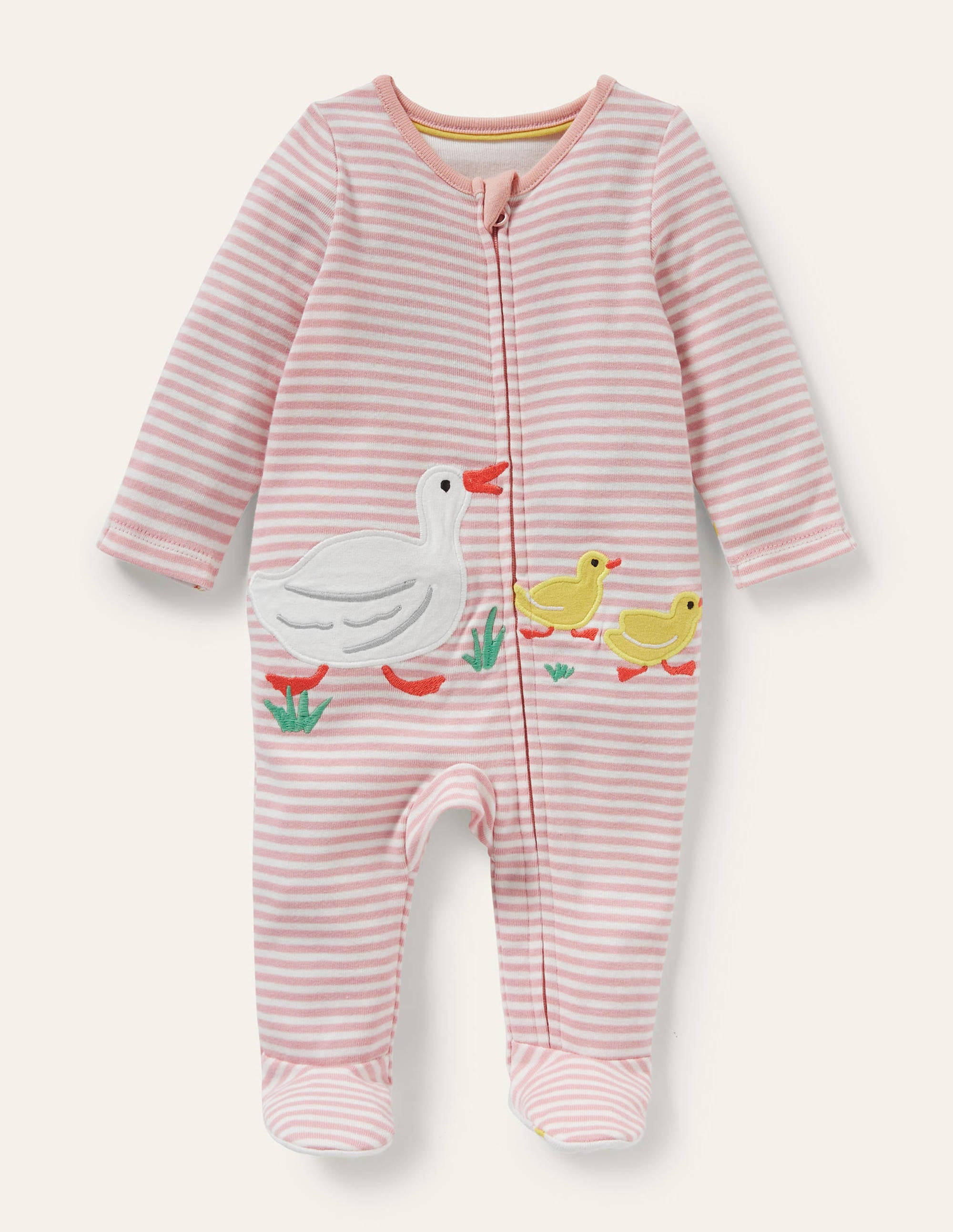 GOTS Organic Zip-up Sleepsuit-Ivory/Boto Pink Ducks - Image 1