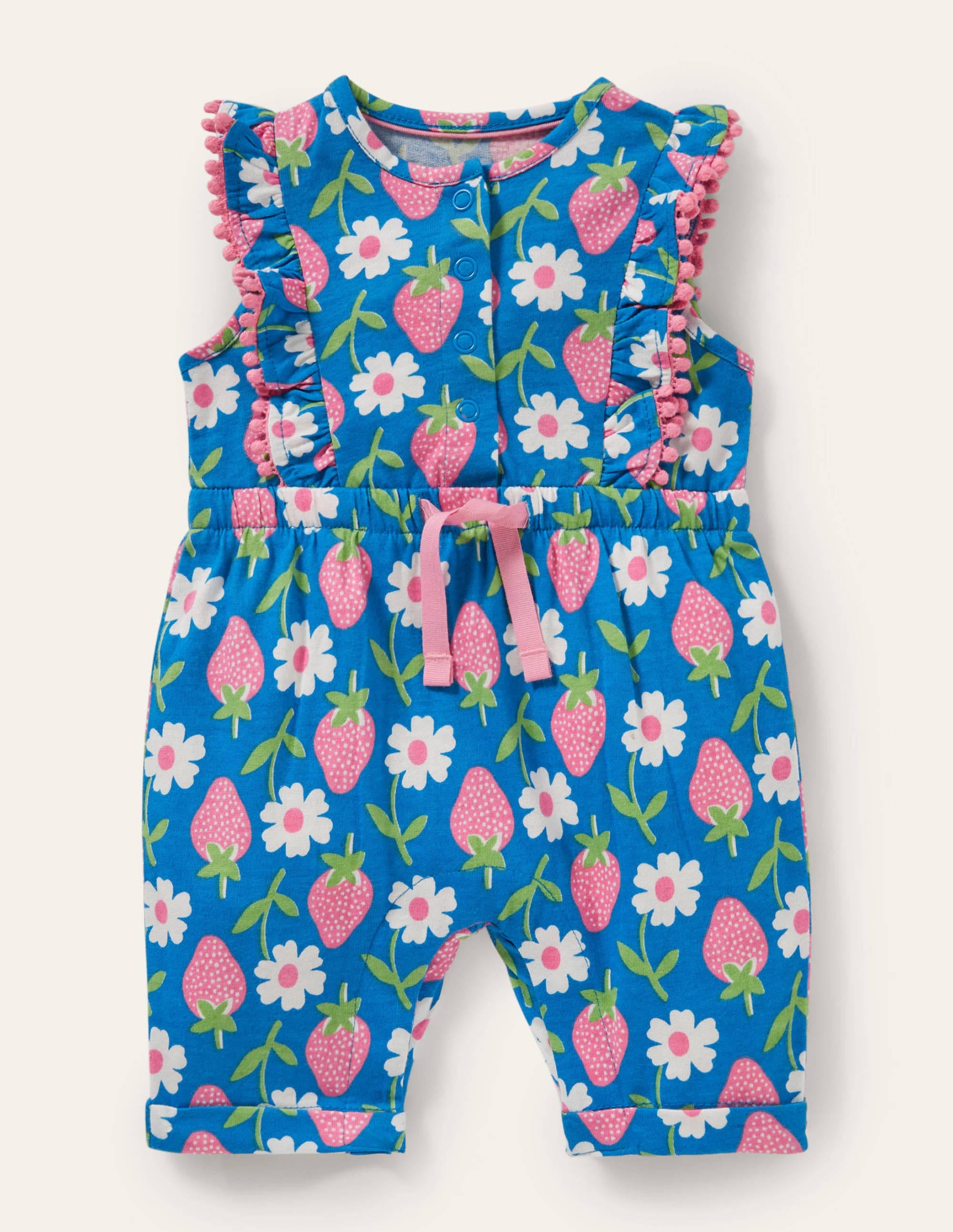 Jersey Ruffle Playsuit-Bright Marina Blue Strawberry - Image 1