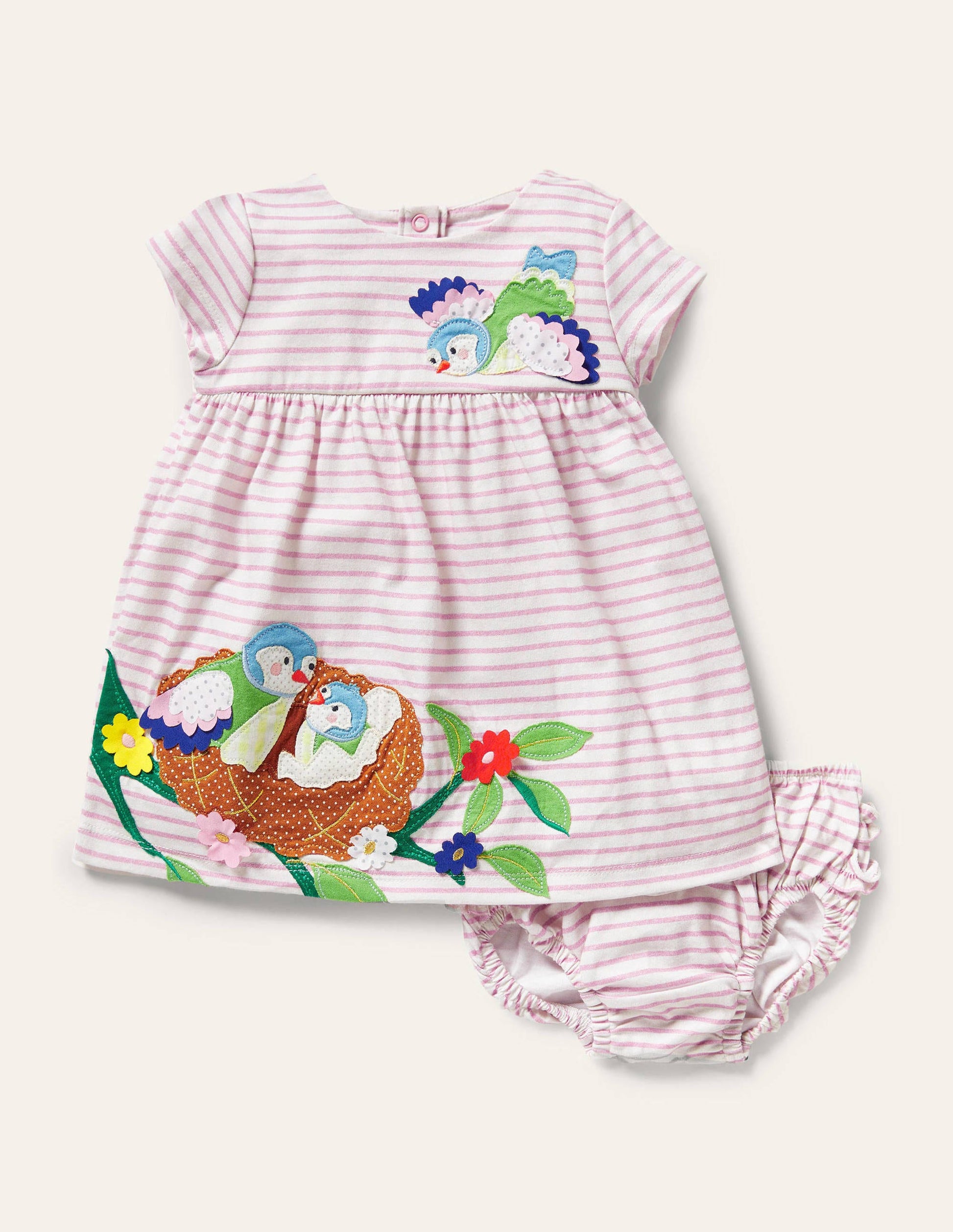Fun Appliqué Jersey Dress-Pink Lemonade Birds-1