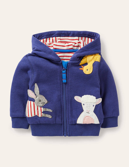 Appliqué Hoodie-Blue Peeping Animals