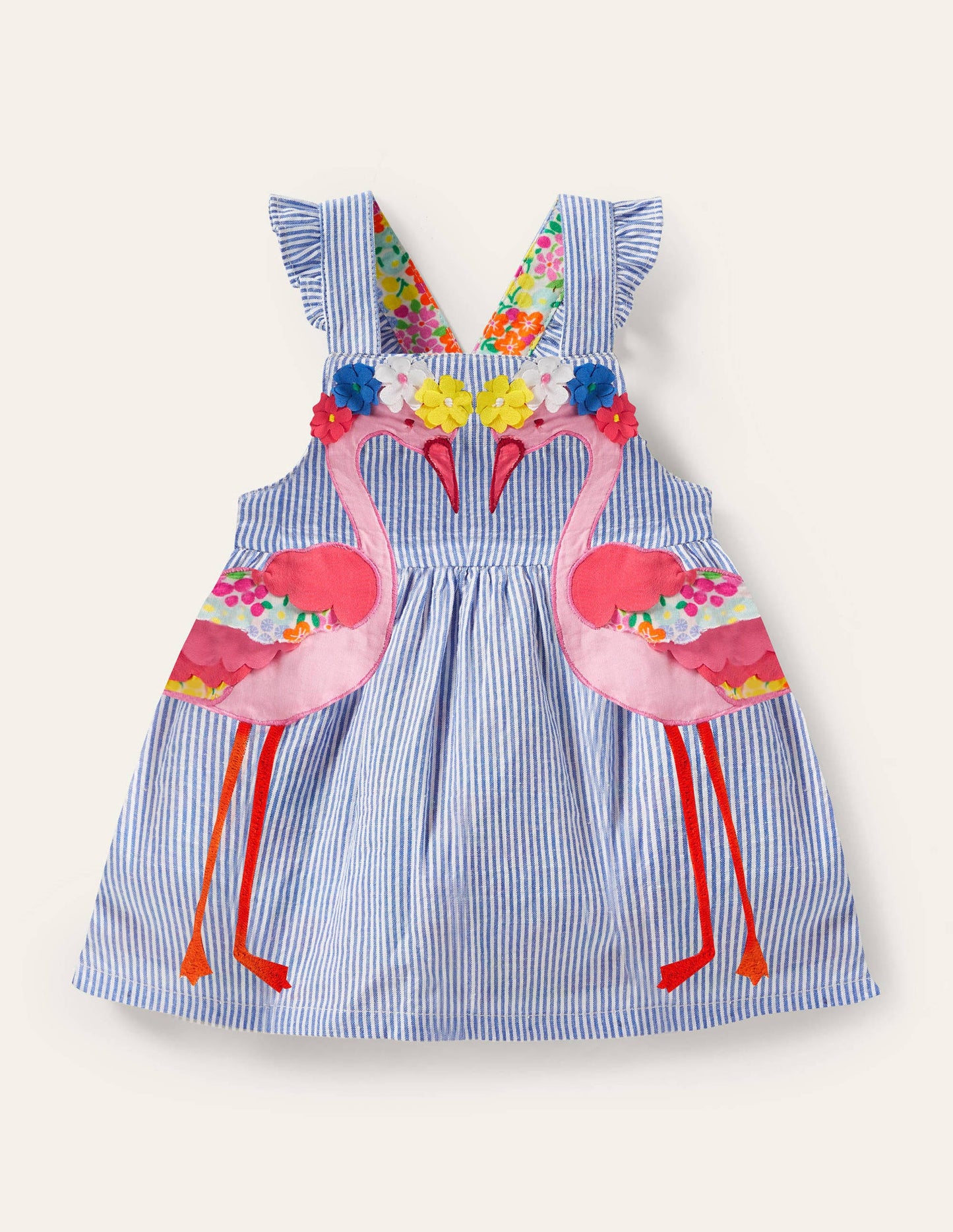 Woven Appliqué Dress-Ivory/Bluebell Flamingo