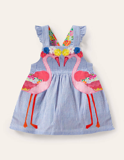 Woven Appliqué Dress-Ivory/Bluebell Flamingo-1