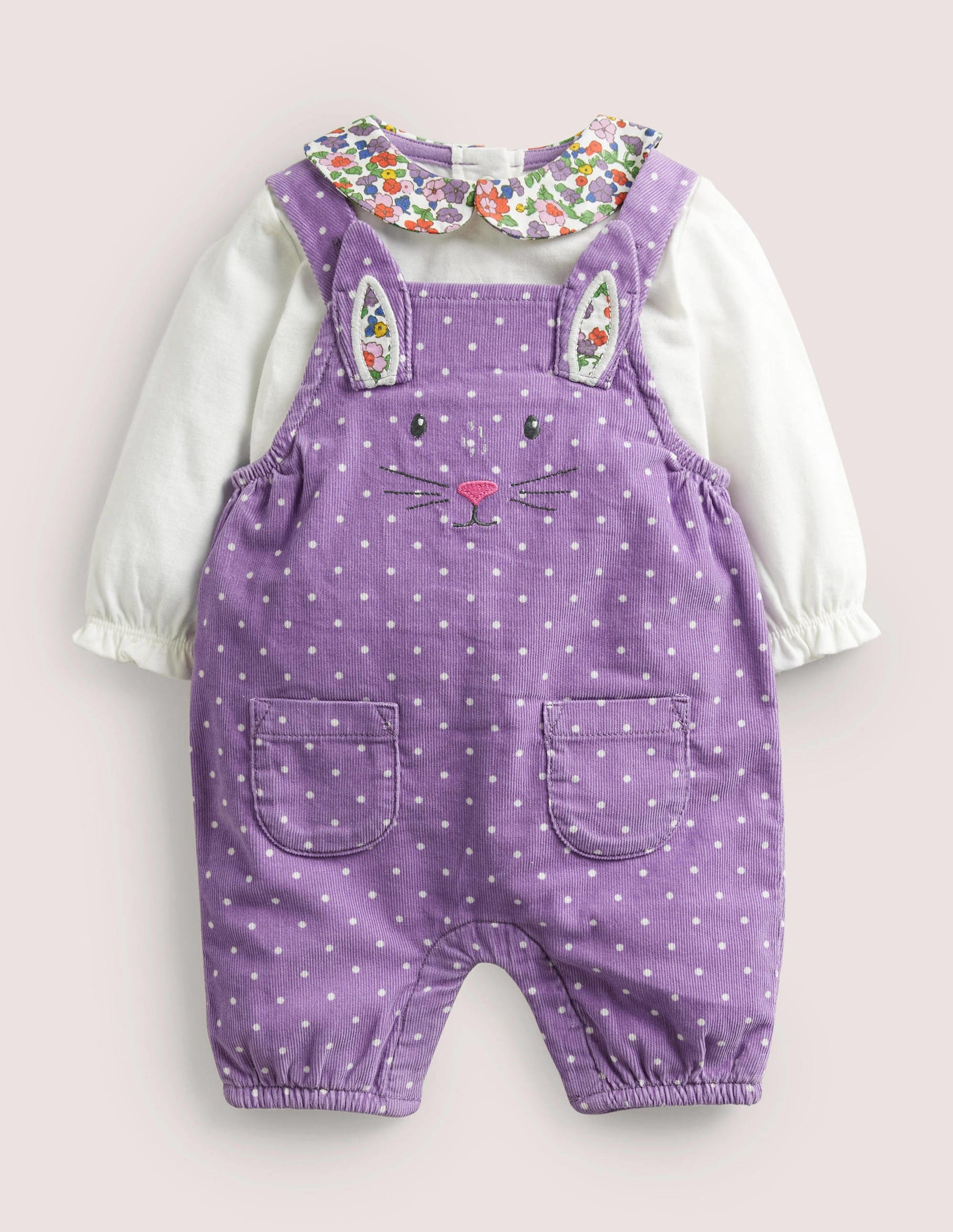 Cord Dungaree Set-Aster Purple Pin Spot Bunny-1