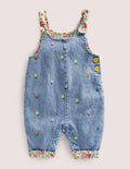 Woven Dungarees-Denim Flower Embroidery