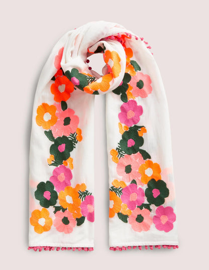 Embroidered Pompom Scarf-White-1