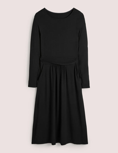 Puff Sleeve Jersey Midi Dress-Black-6