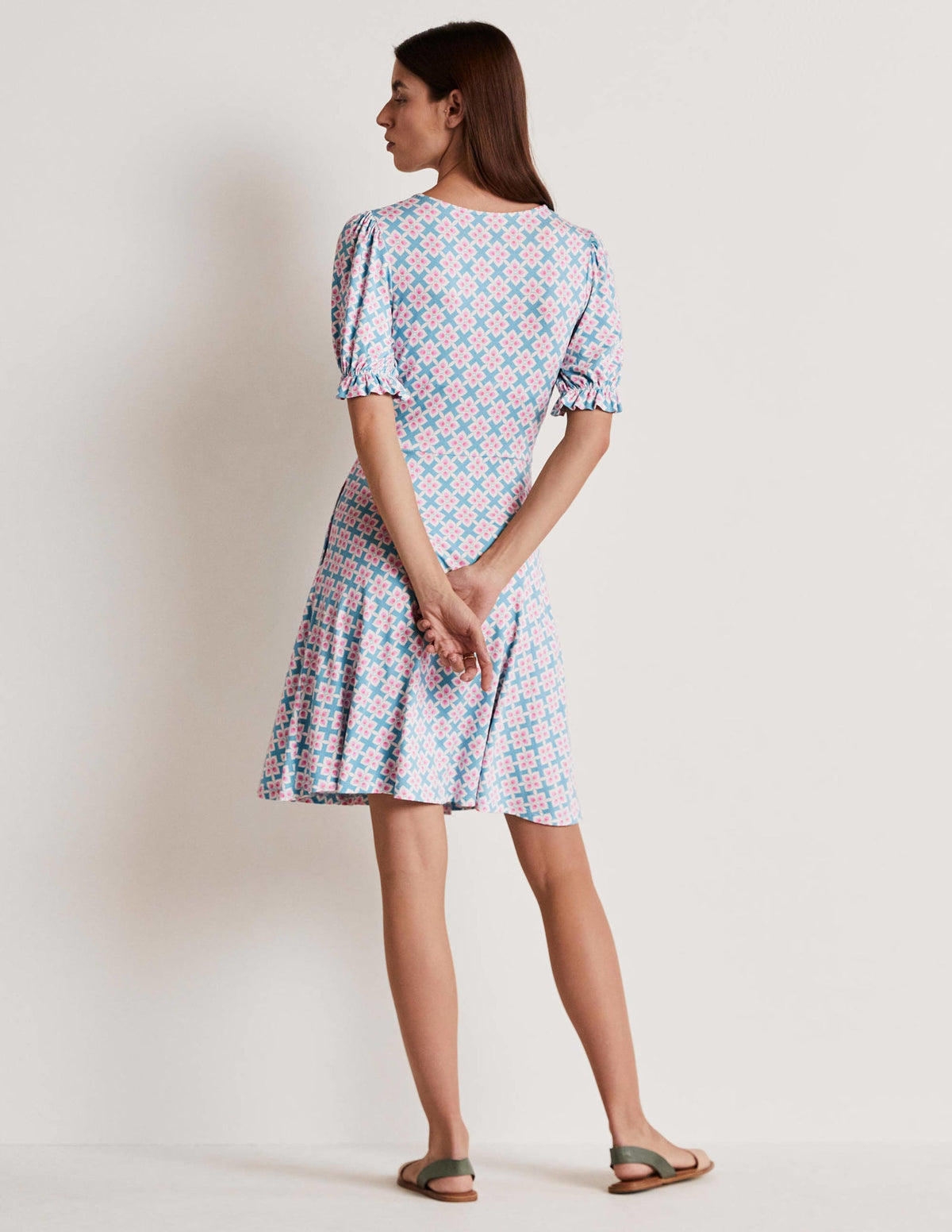 V-Neck Jersey Dress-Coastal Shade, Diamond Leaf - Image 7
