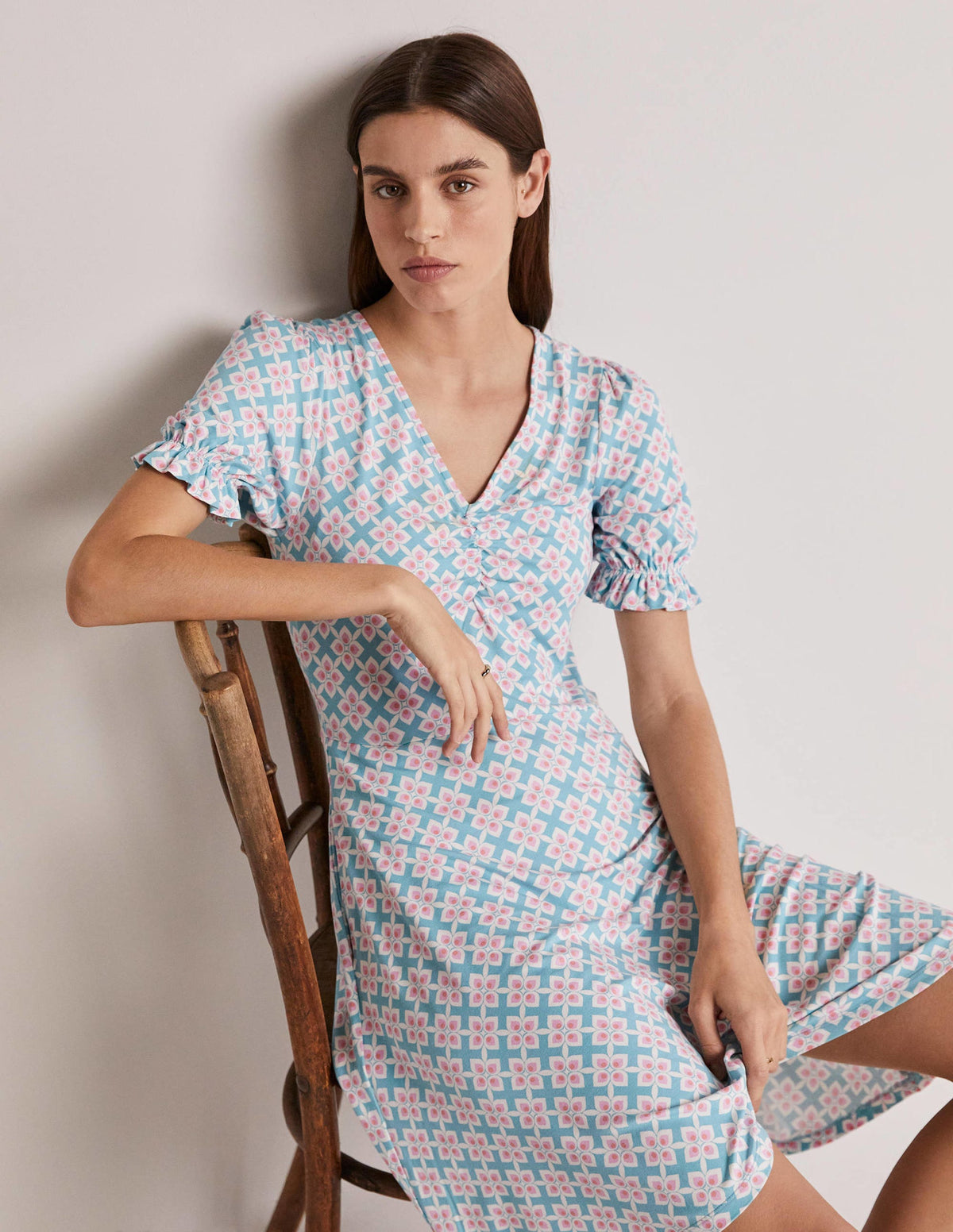 V-Neck Jersey Dress-Coastal Shade, Diamond Leaf - Image 8