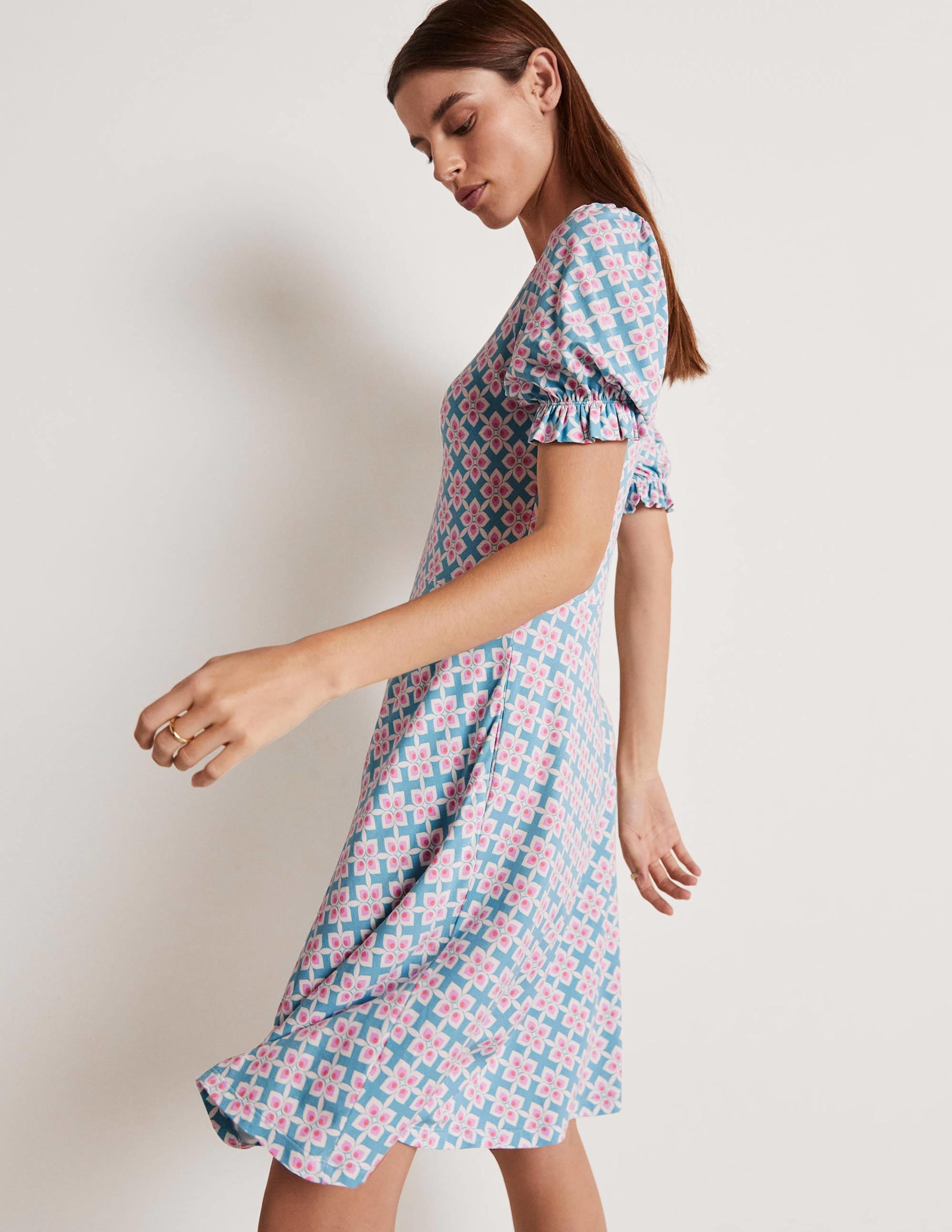 V-Neck Jersey Dress-Coastal Shade, Diamond Leaf - Image 9