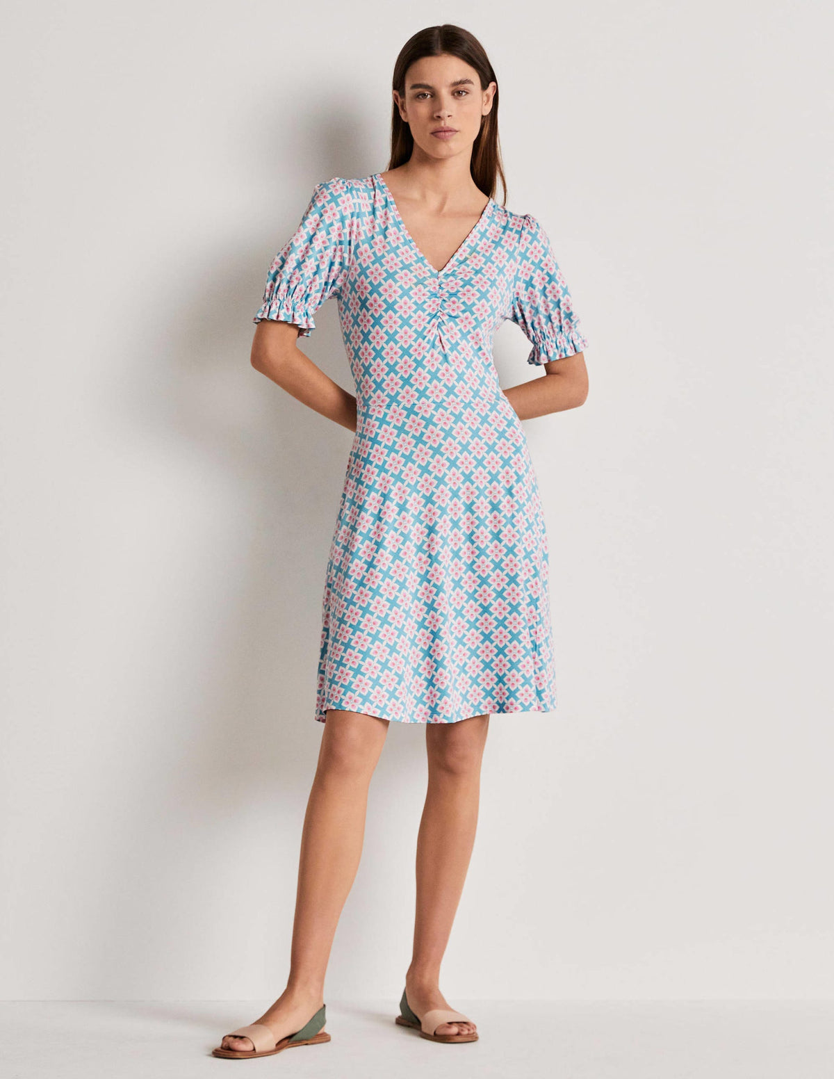 V-Neck Jersey Dress-Coastal Shade, Diamond Leaf - Image 1