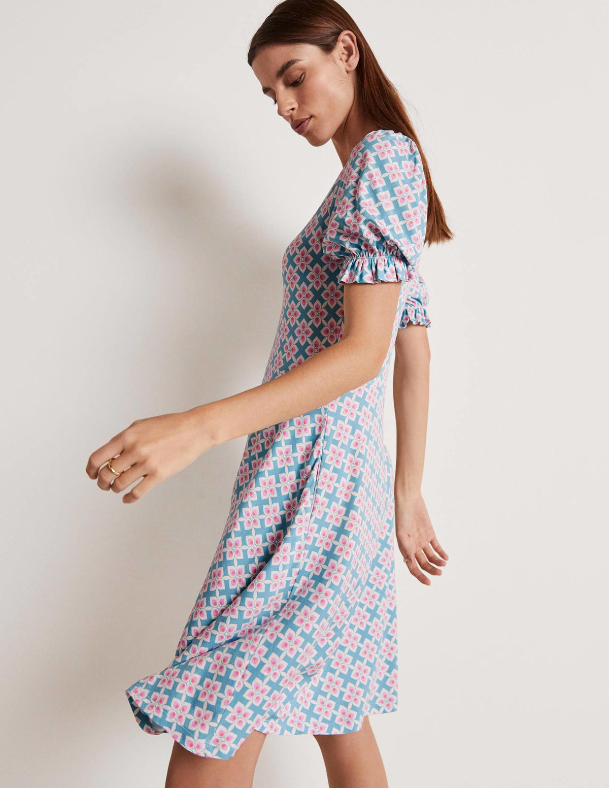V-Neck Jersey Dress-Coastal Shade, Diamond Leaf - Image 5