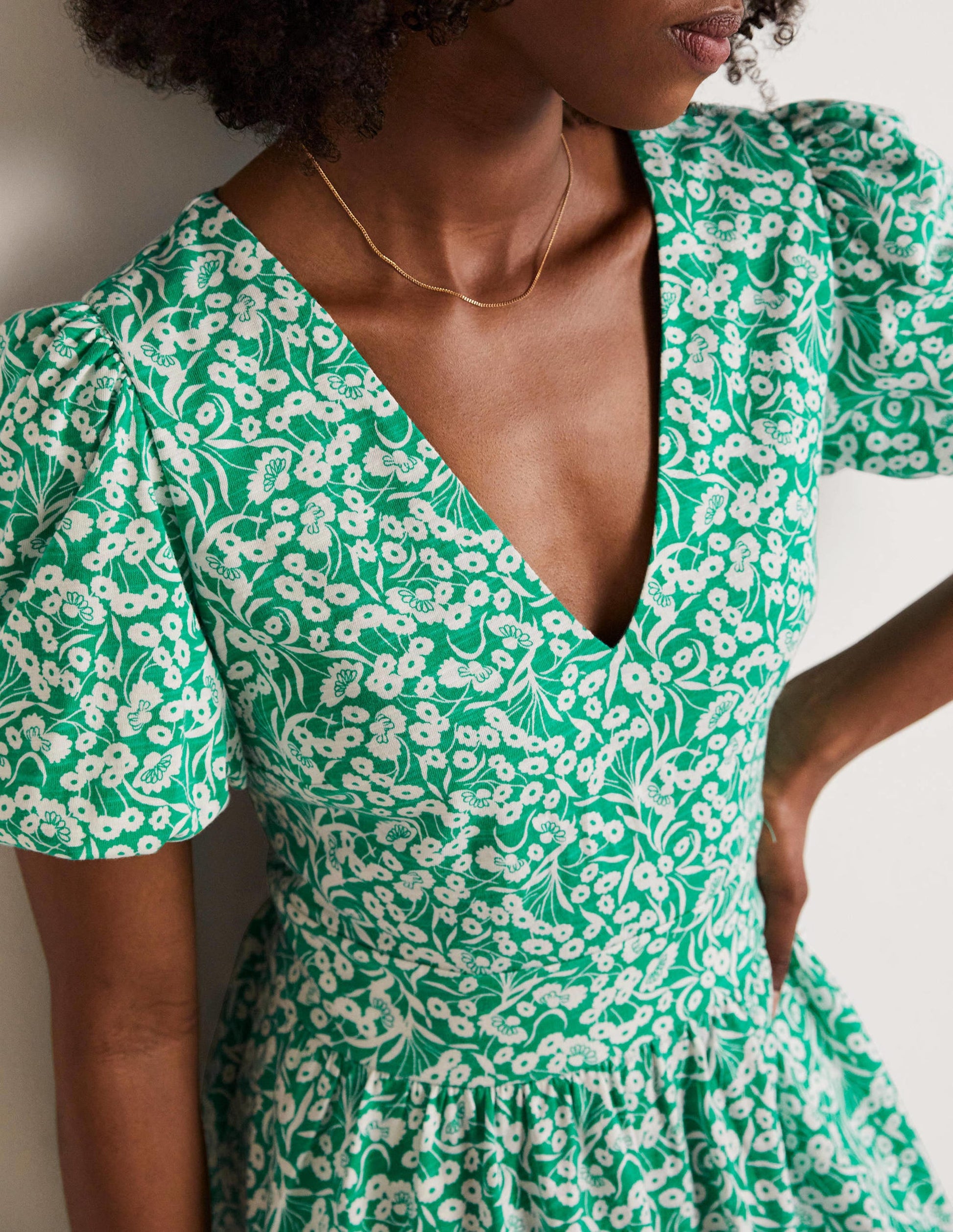 Back Detail Jersey Mini Dress-Emerald, Floret Bud-7