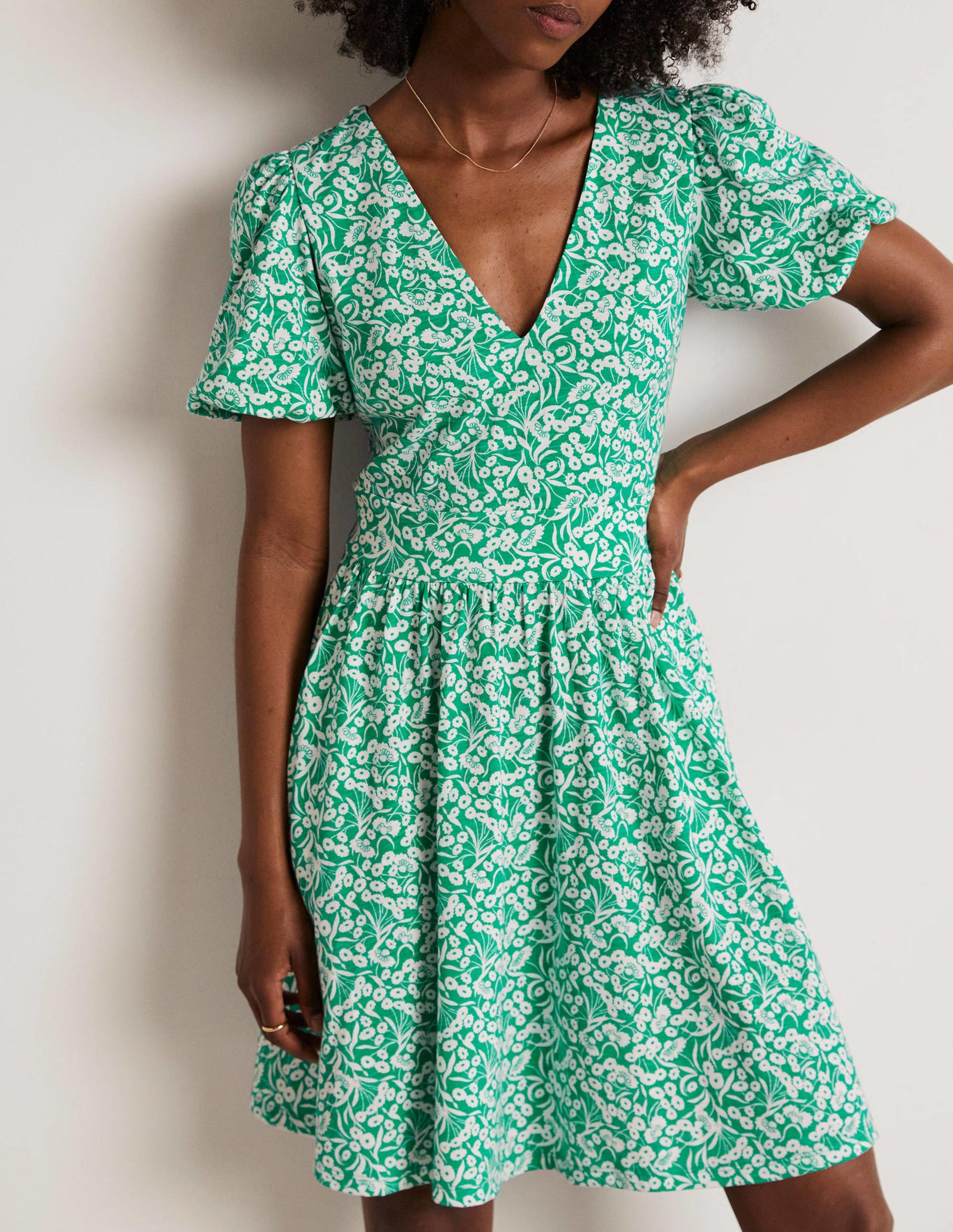 Back Detail Jersey Mini Dress-Emerald, Floret Bud-9