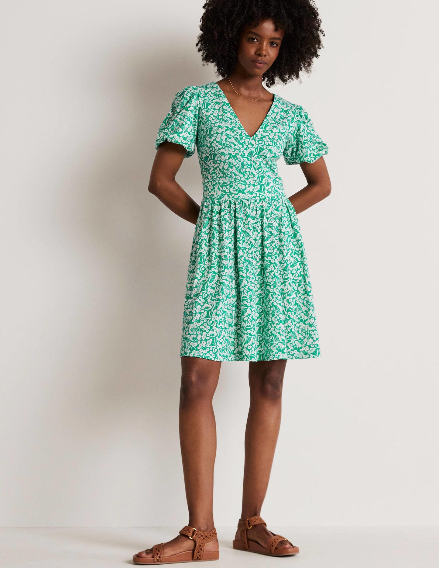 Back Detail Jersey Mini Dress-Emerald, Floret Bud