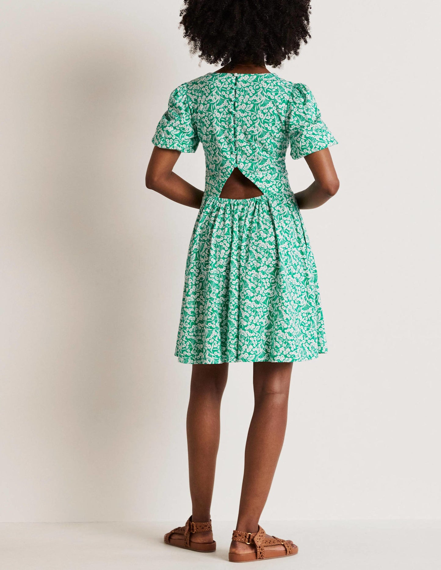 Back Detail Jersey Mini Dress-Emerald, Floret Bud