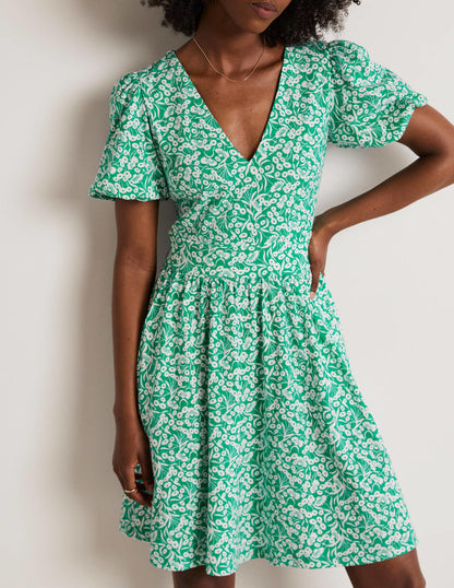 Back Detail Jersey Mini Dress-Emerald, Floret Bud-4