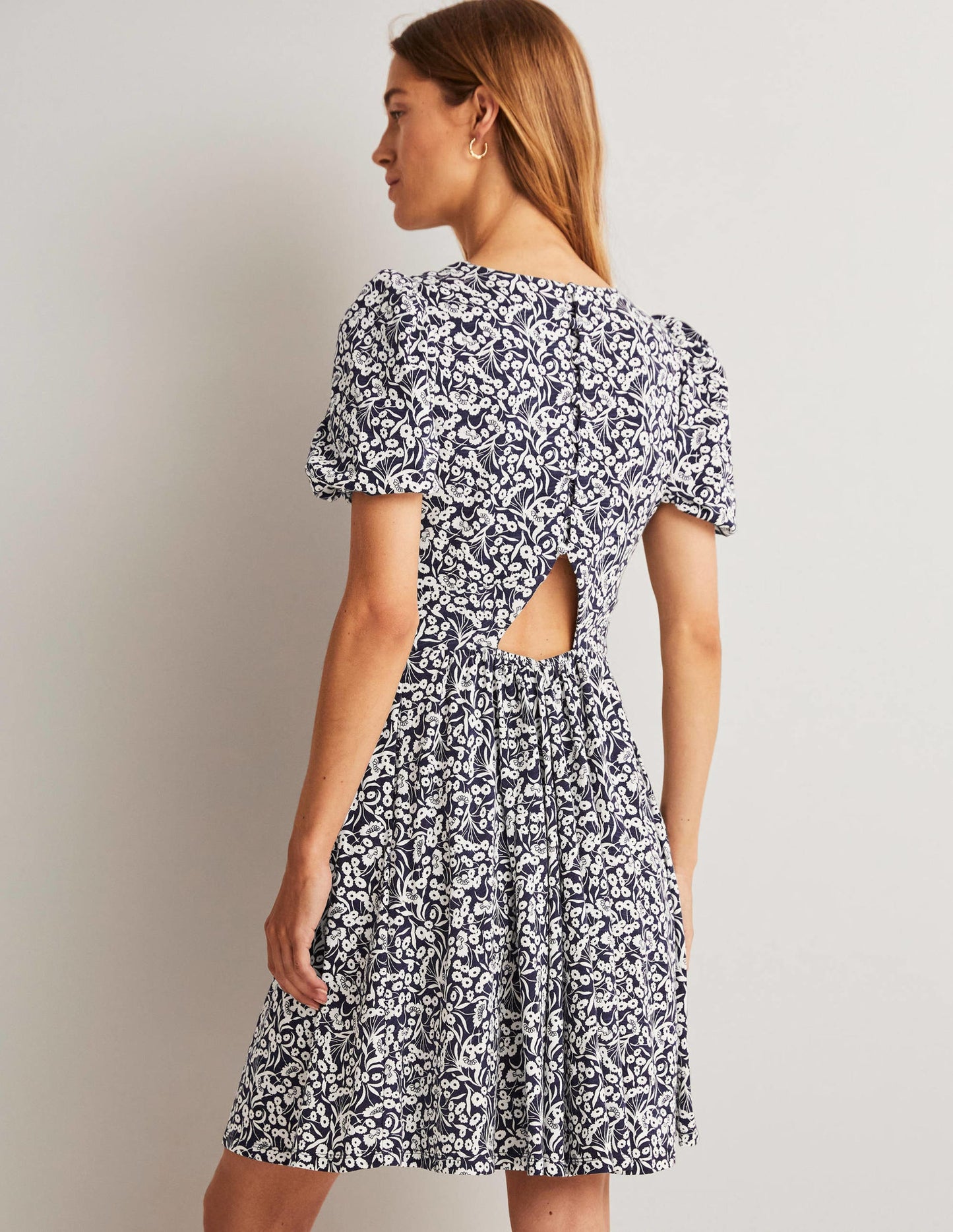 Back Detail Jersey Mini Dress-Navy, Floret Bud