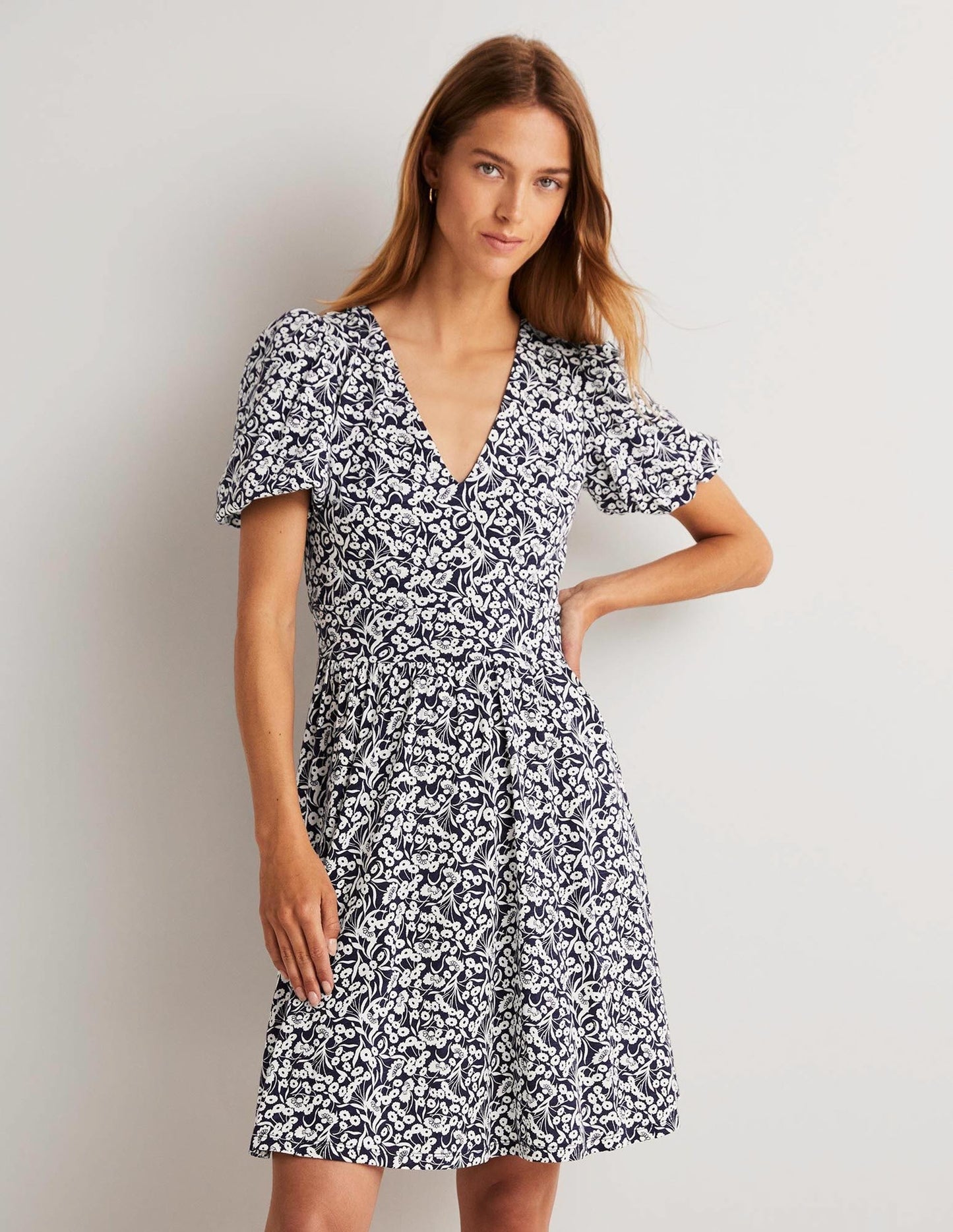 Back Detail Jersey Mini Dress-Navy, Floret Bud