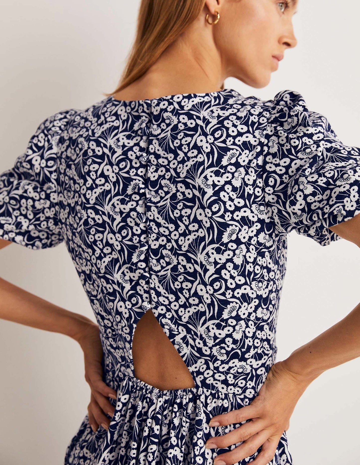 Back Detail Jersey Mini Dress-Navy, Floret Bud