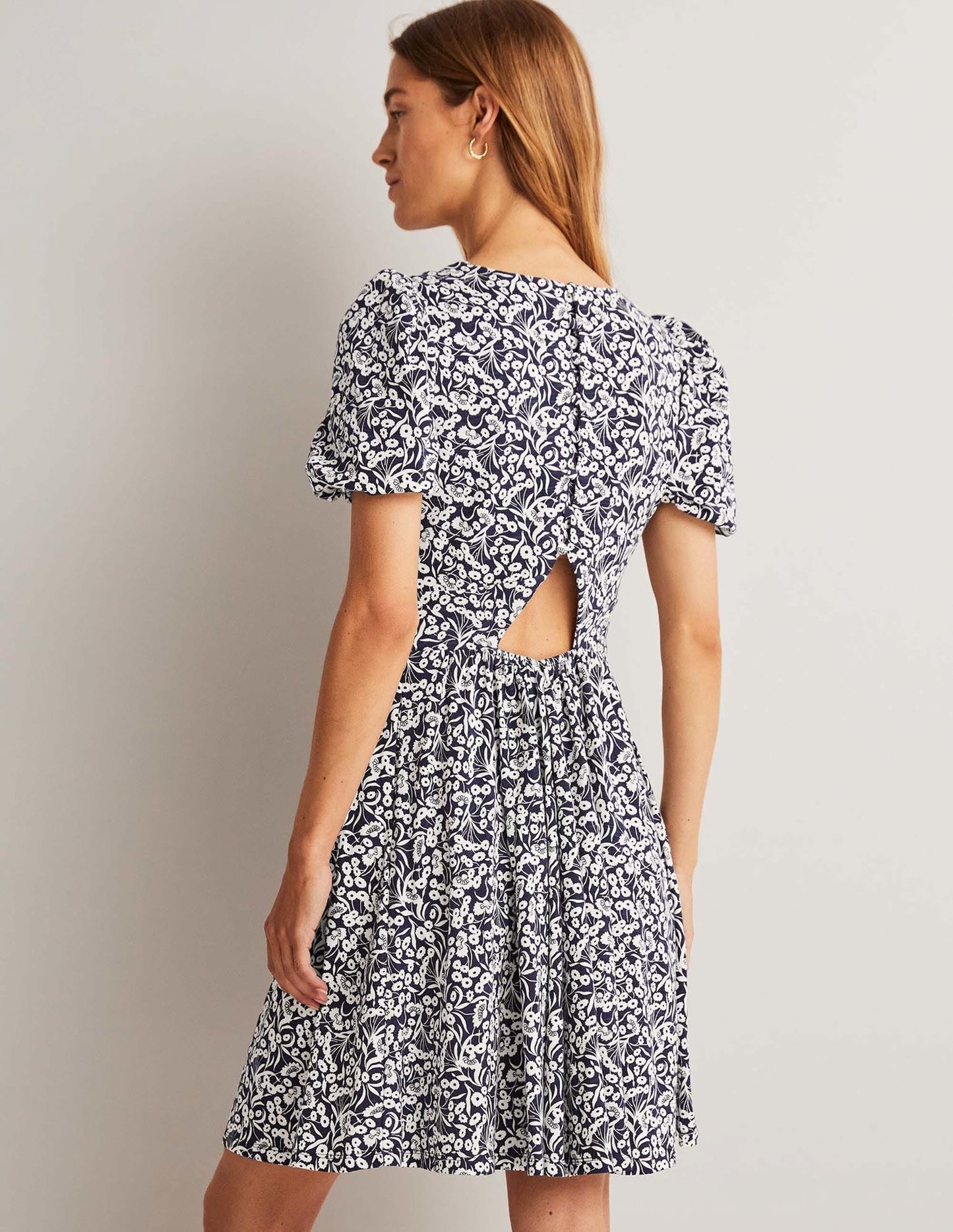 Back Detail Jersey Mini Dress-Navy, Floret Bud