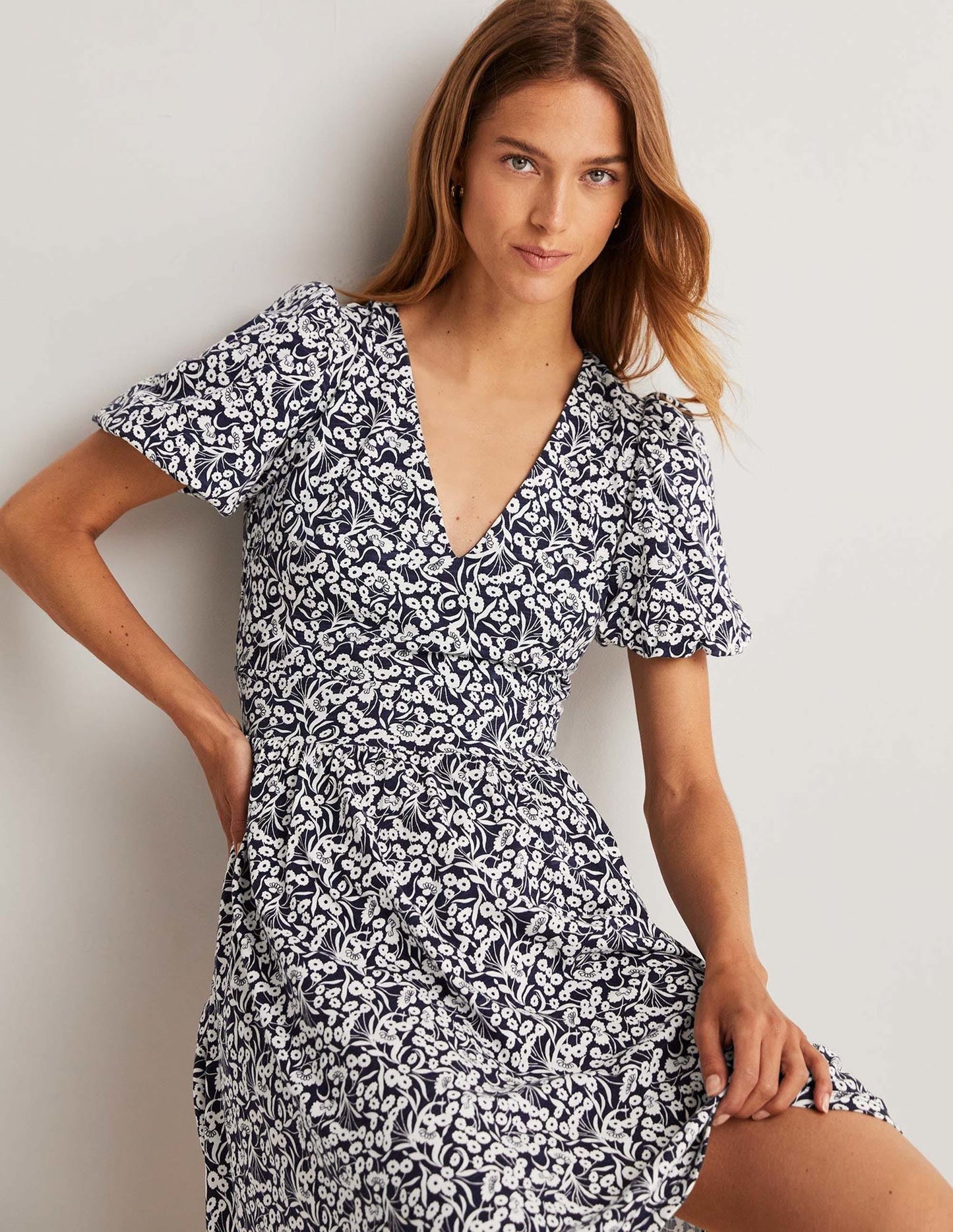 Back Detail Jersey Mini Dress-Navy, Floret Bud