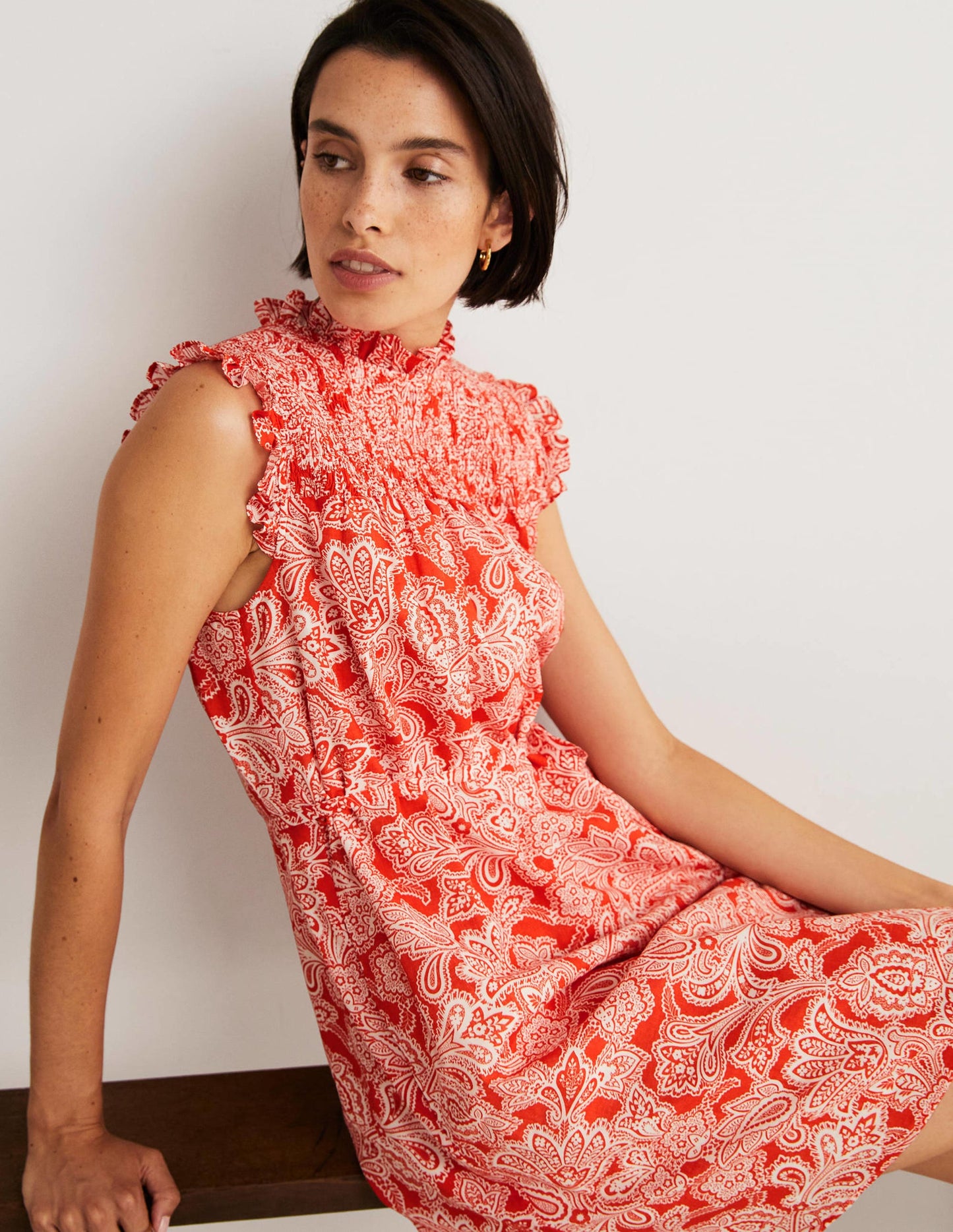 Sleeveless Smocked Mini Dress-Firecracker, Paisley Bud