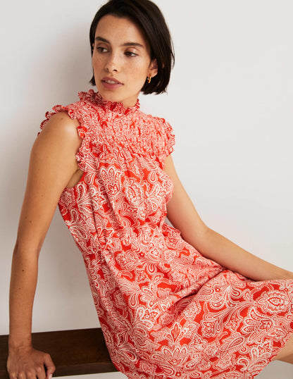 Sleeveless Smocked Mini Dress-Firecracker, Paisley Bud-9