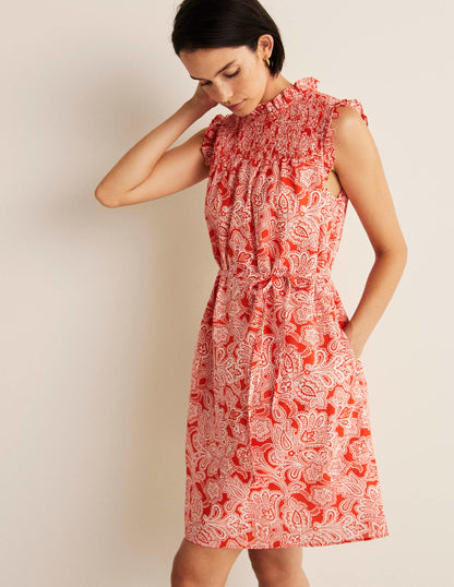Sleeveless Smocked Mini Dress-Firecracker, Paisley Bud-1