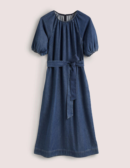 Puff Sleeve Column Midi Dress-Mid Denim-8