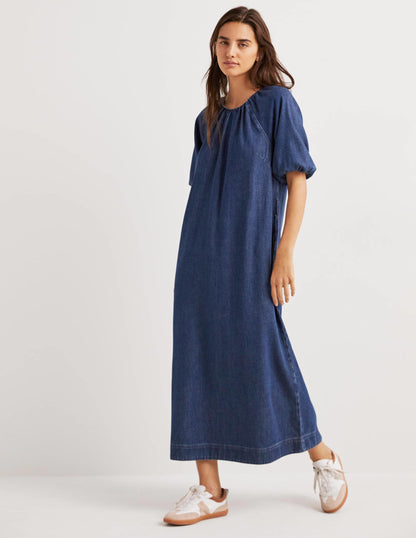 Puff Sleeve Column Midi Dress-Mid Denim-1