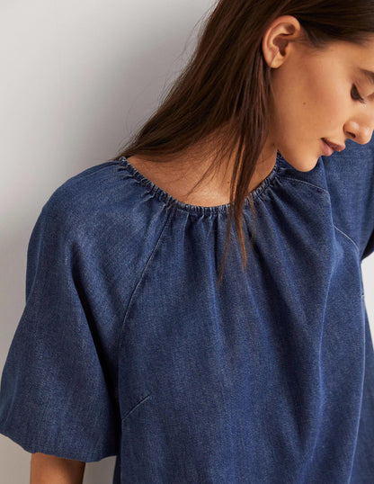 Puff Sleeve Column Midi Dress-Mid Denim-2