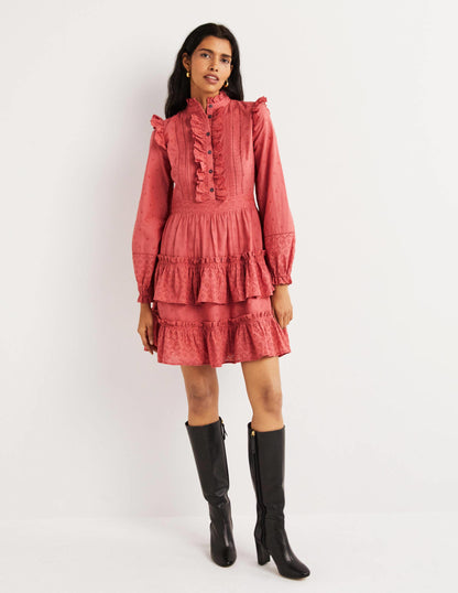 Mixed Broderie Shirt Dress-Dusty Red-4