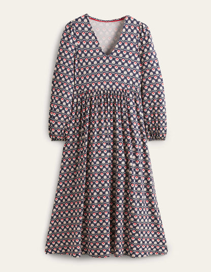 Long Sleeve Jersey Midi Dress-French Navy, Botanic Bud-6