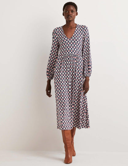 Long Sleeve Jersey Midi Dress-French Navy, Botanic Bud-1
