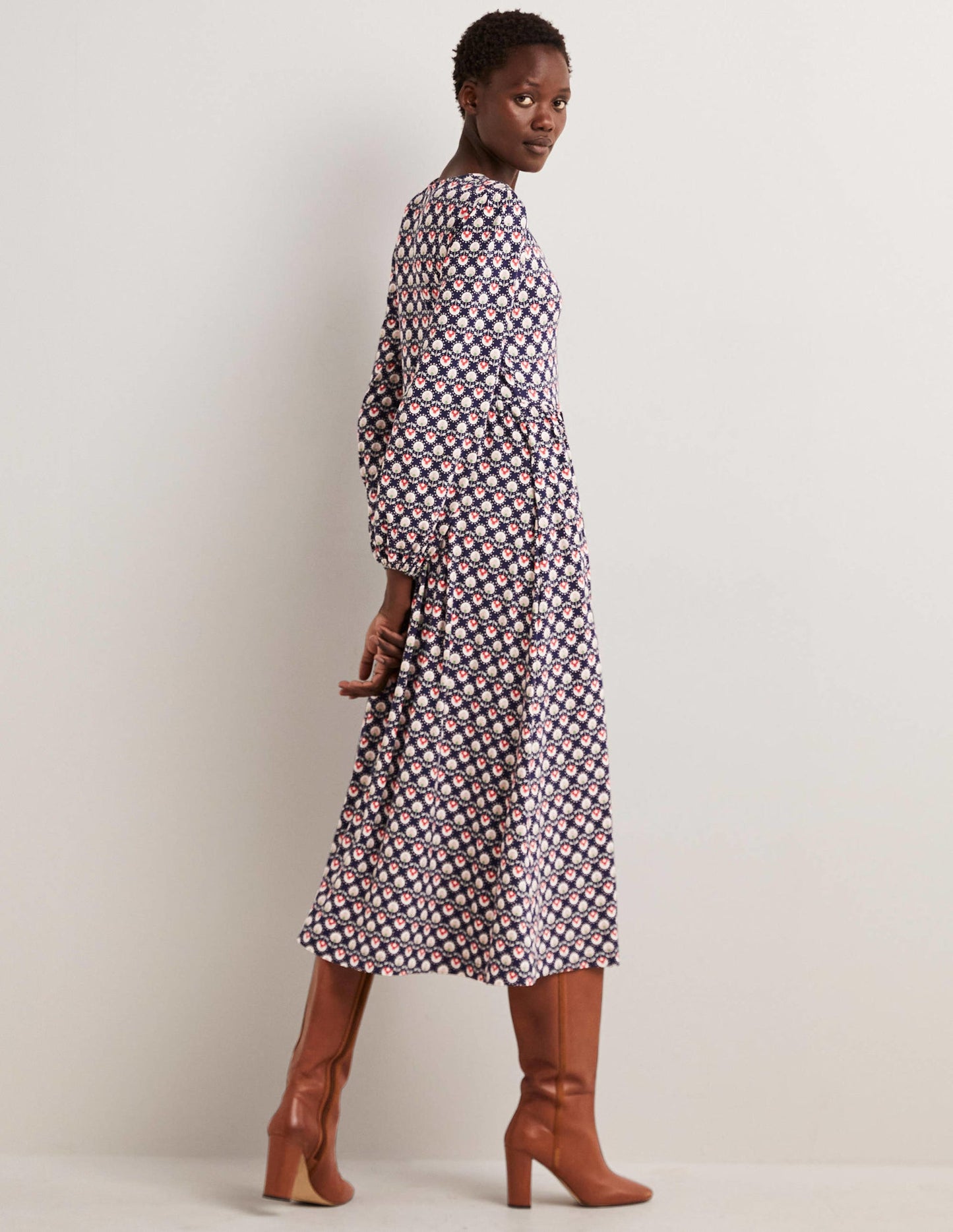 Long Sleeve Jersey Midi Dress-French Navy, Botanic Bud
