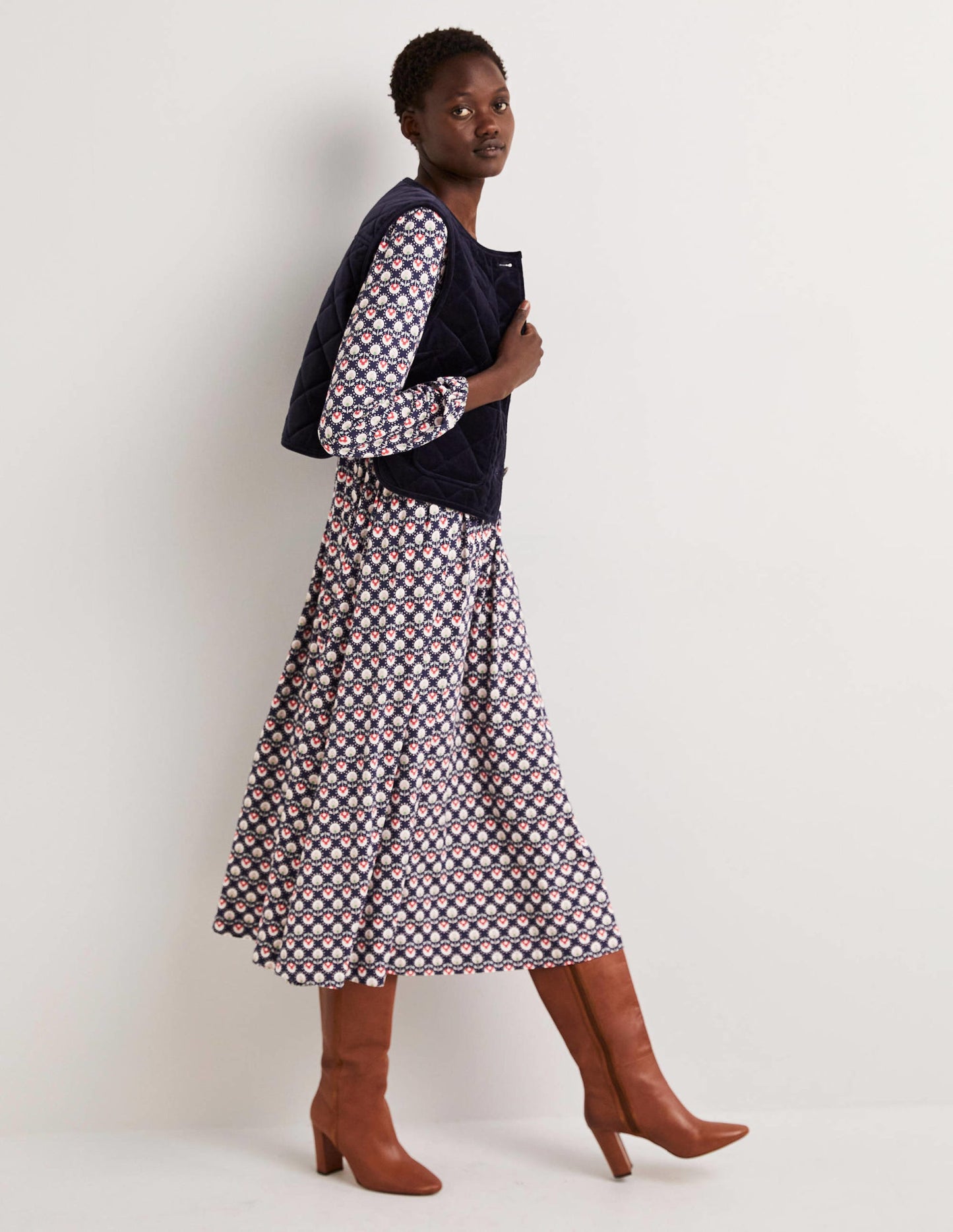 Long Sleeve Jersey Midi Dress-French Navy, Botanic Bud