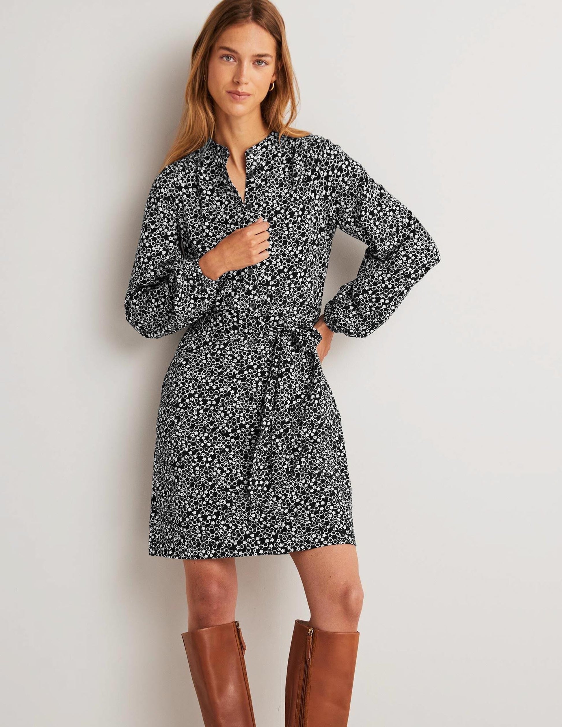 Belted Jersey Shirt Dress-Black, Floral Pebble-6