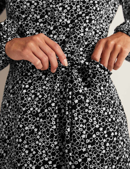 Belted Jersey Shirt Dress-Black, Floral Pebble-7