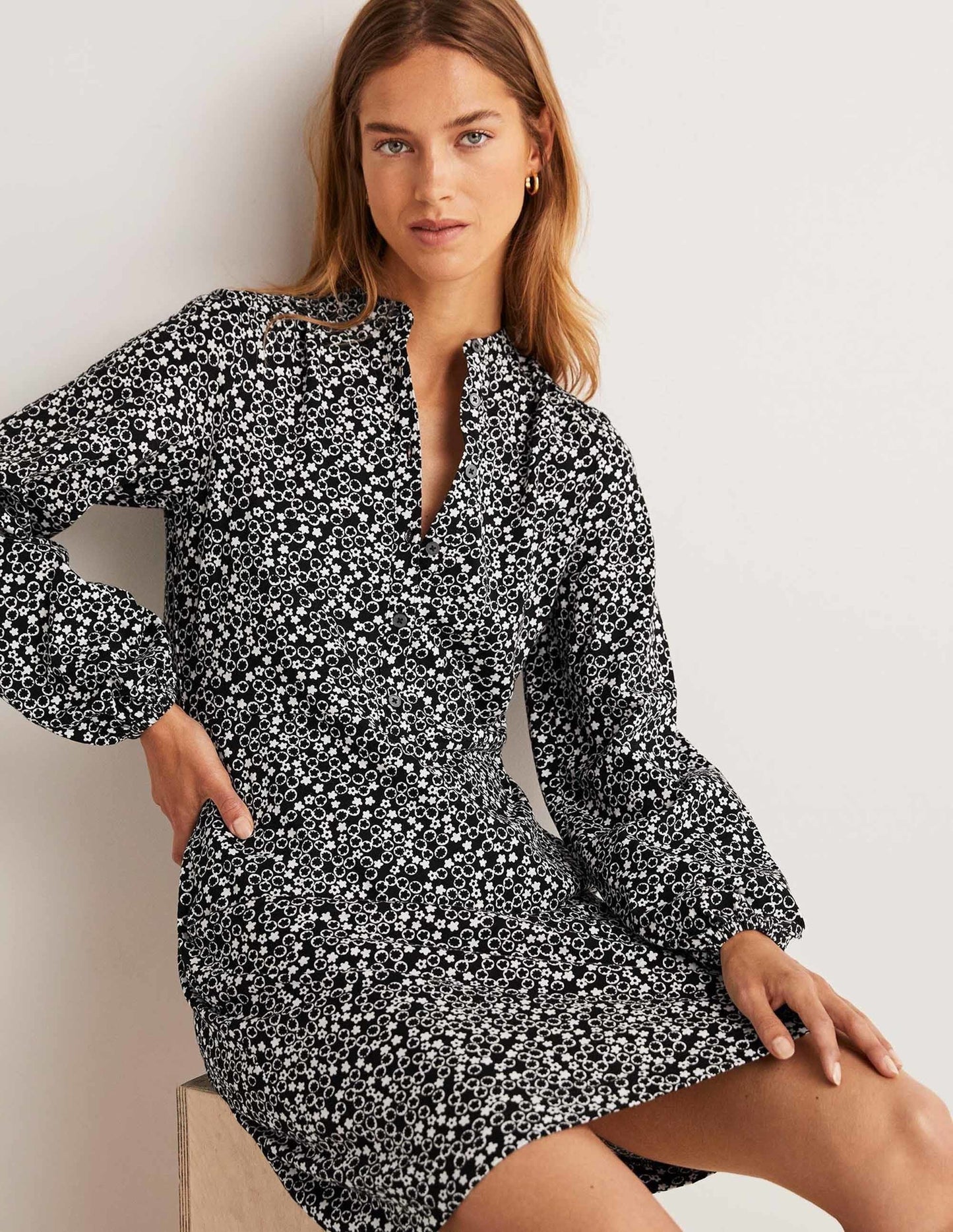 Belted Jersey Shirt Dress-Black, Floral Pebble