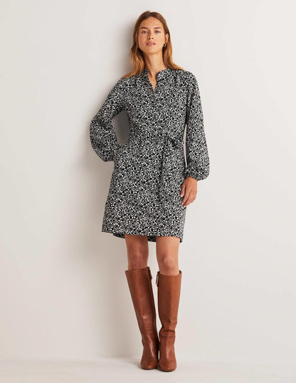 Belted Jersey Shirt Dress-Black, Floral Pebble-10