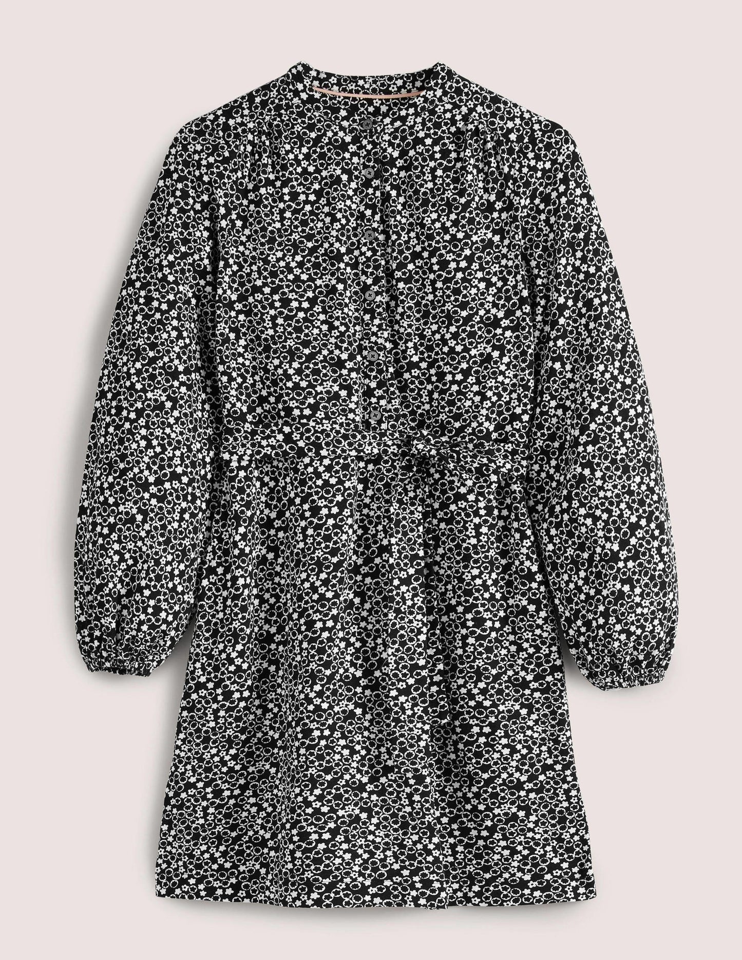 Belted Jersey Shirt Dress-Black, Floral Pebble