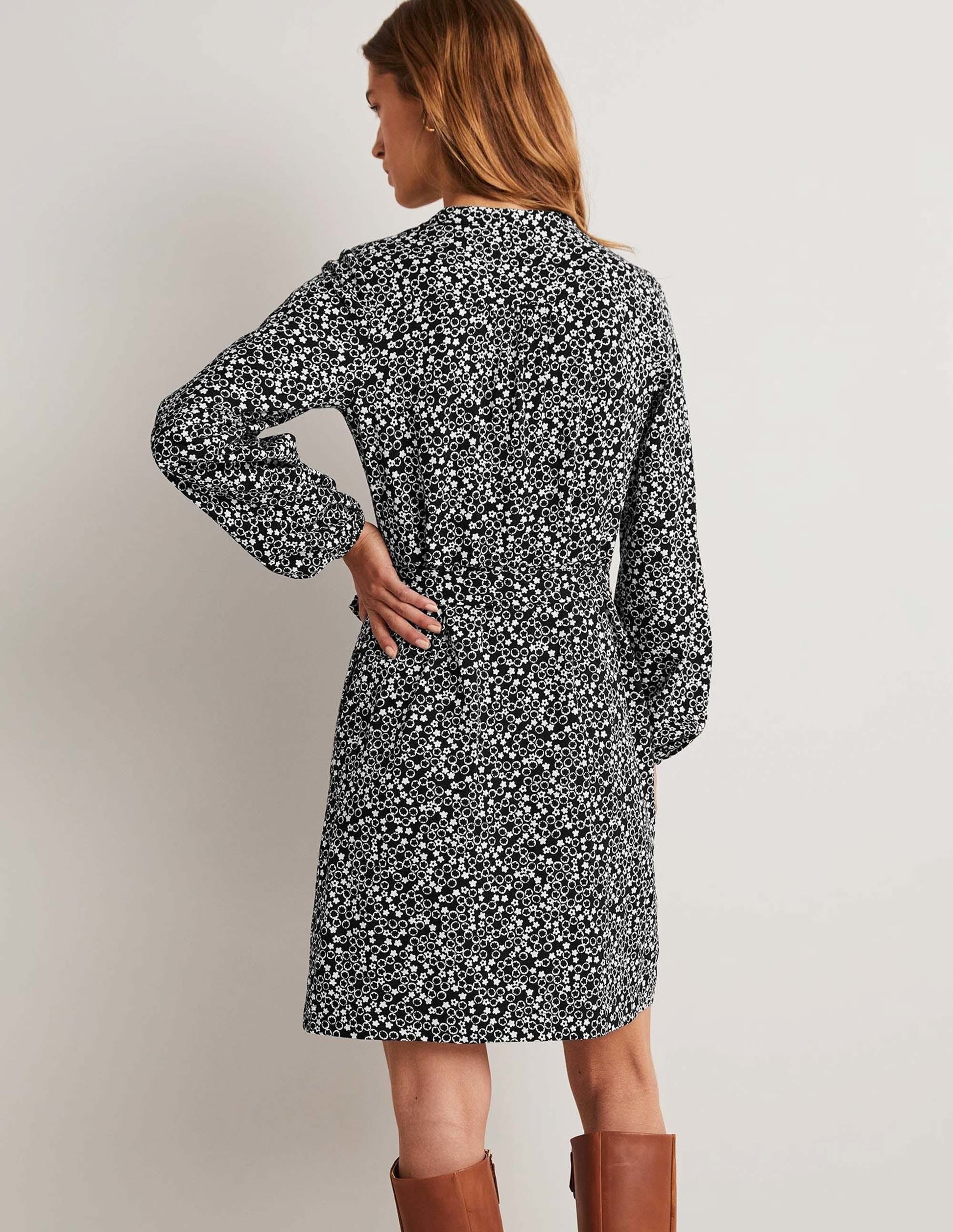 Belted Jersey Shirt Dress-Black, Floral Pebble-3