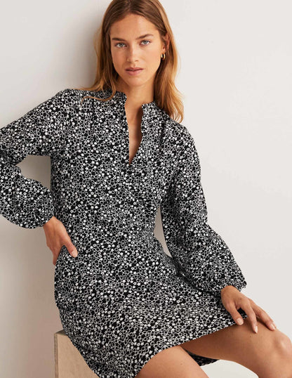 Belted Jersey Shirt Dress-Black, Floral Pebble-4