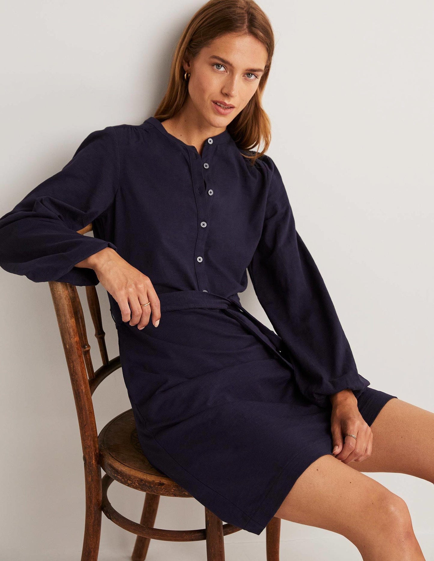 Belted Jersey Shirt Dress-Navy