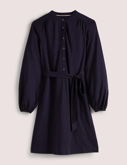 Belted Jersey Shirt Dress-Navy-9