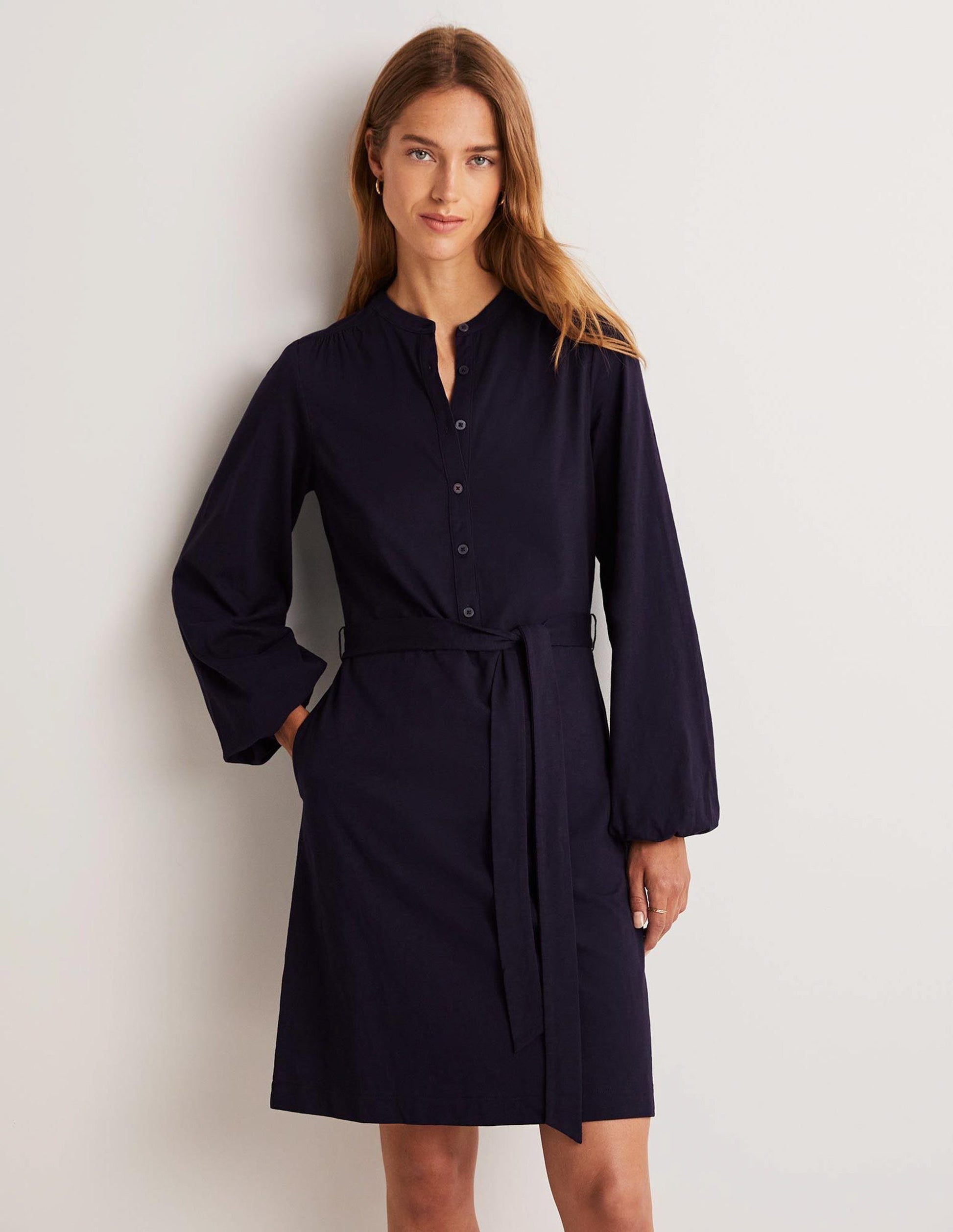 Belted Jersey Shirt Dress-Navy-5