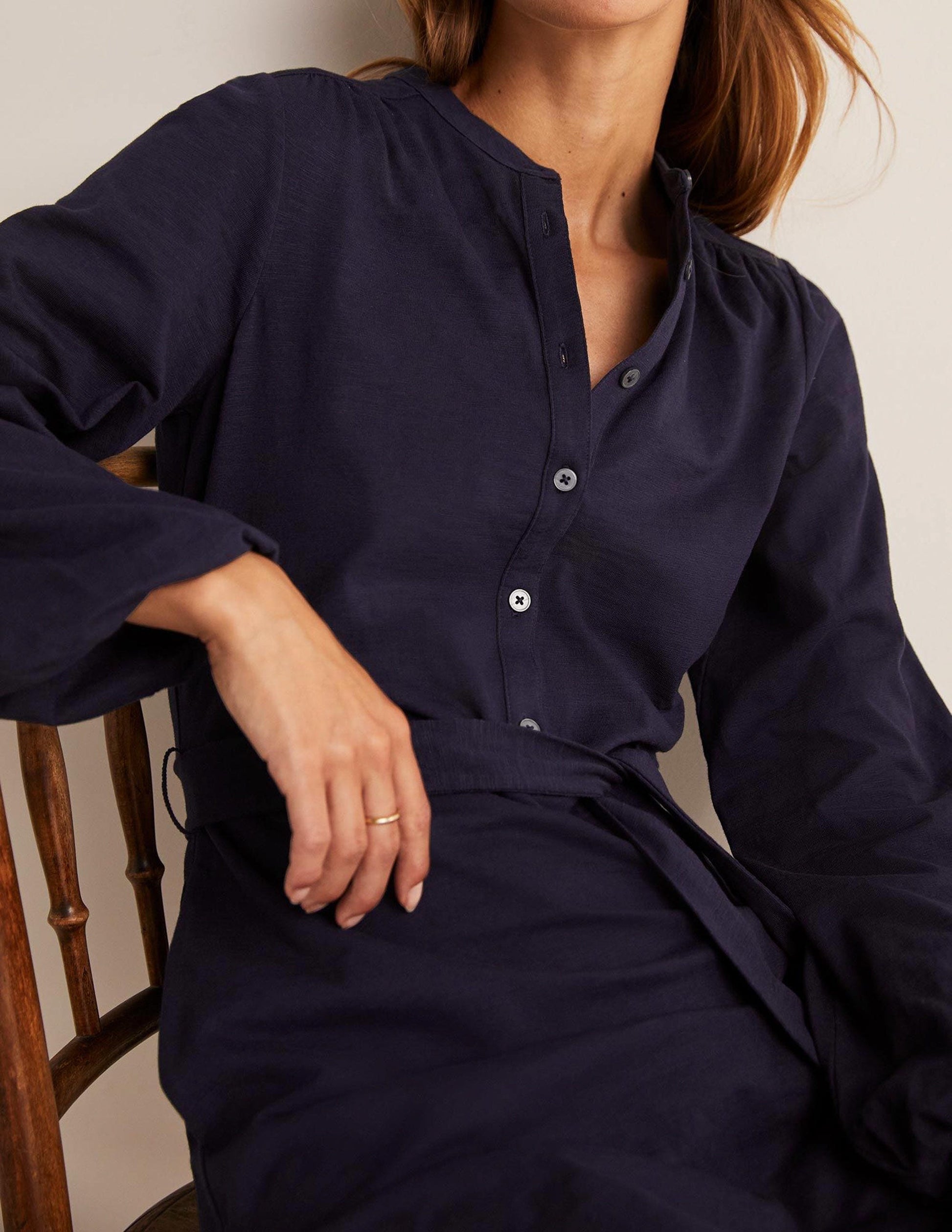 Belted Jersey Shirt Dress-Navy-2