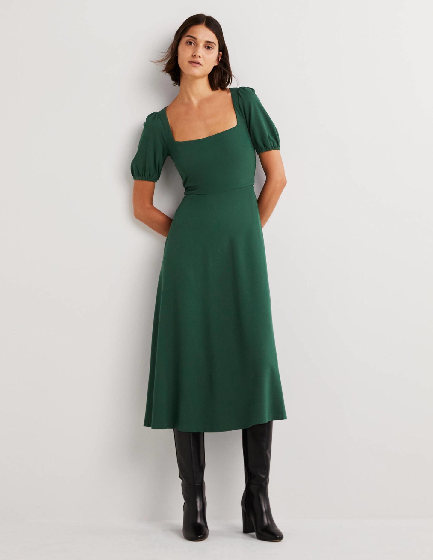 Short Sleeve Jersey Midi Dress-Hunter Green