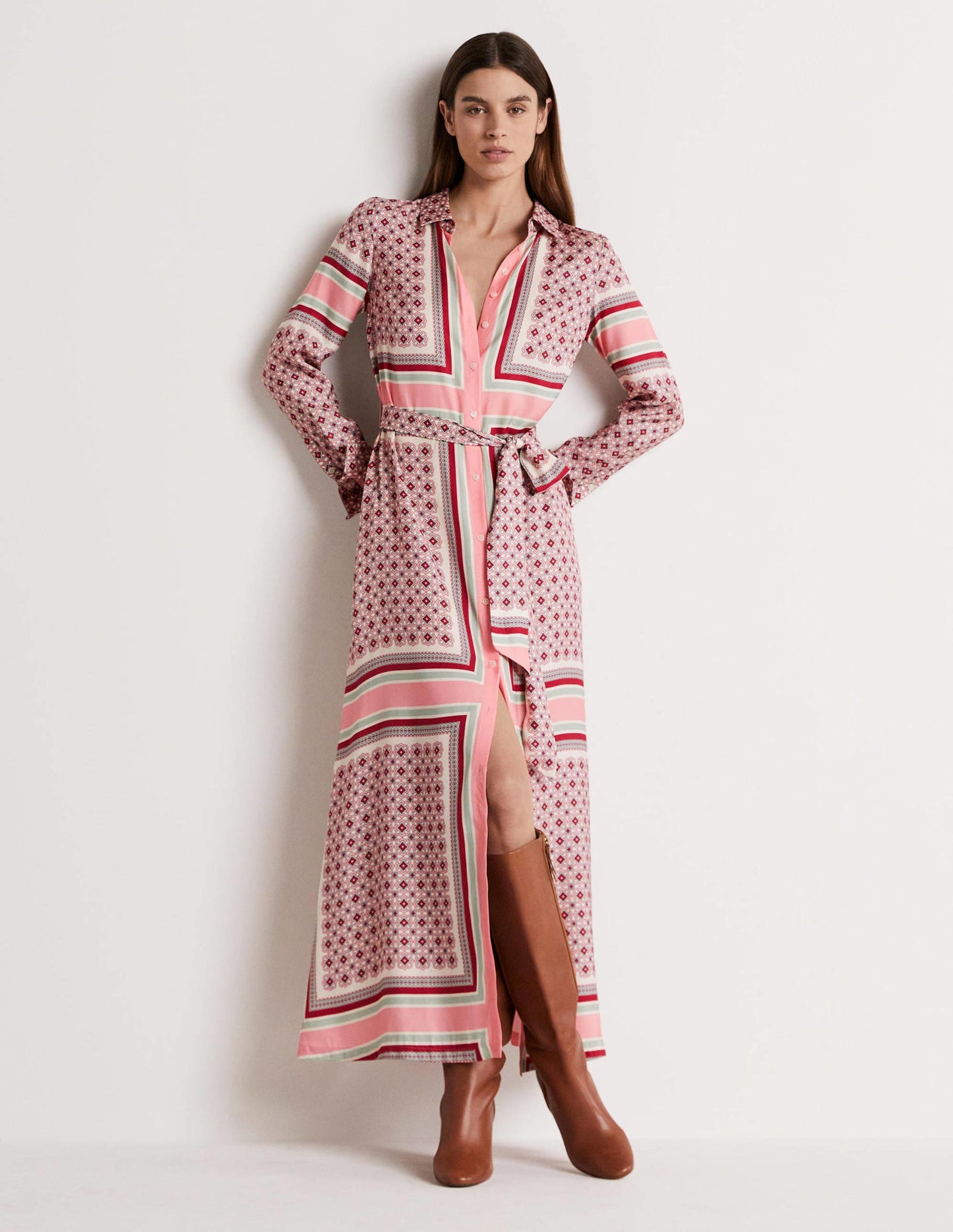 Claudia Maxi Shirt Dress-Almond Pink, Square Geo